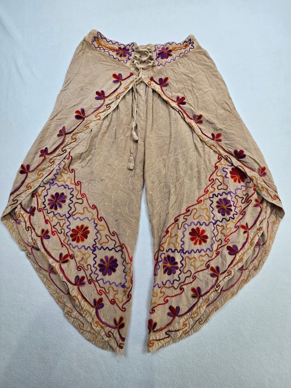 Embroidered Boho Wide Leg Pants Small Medium Elastic Waist Beige
